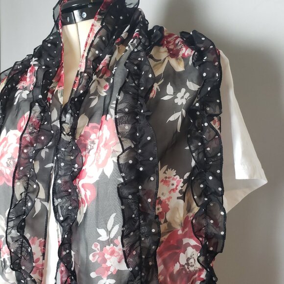 White House Black Market Ruffled Floral Polka Dot Pattern Scarf Wrap 64"x32" - Picture 3 of 11